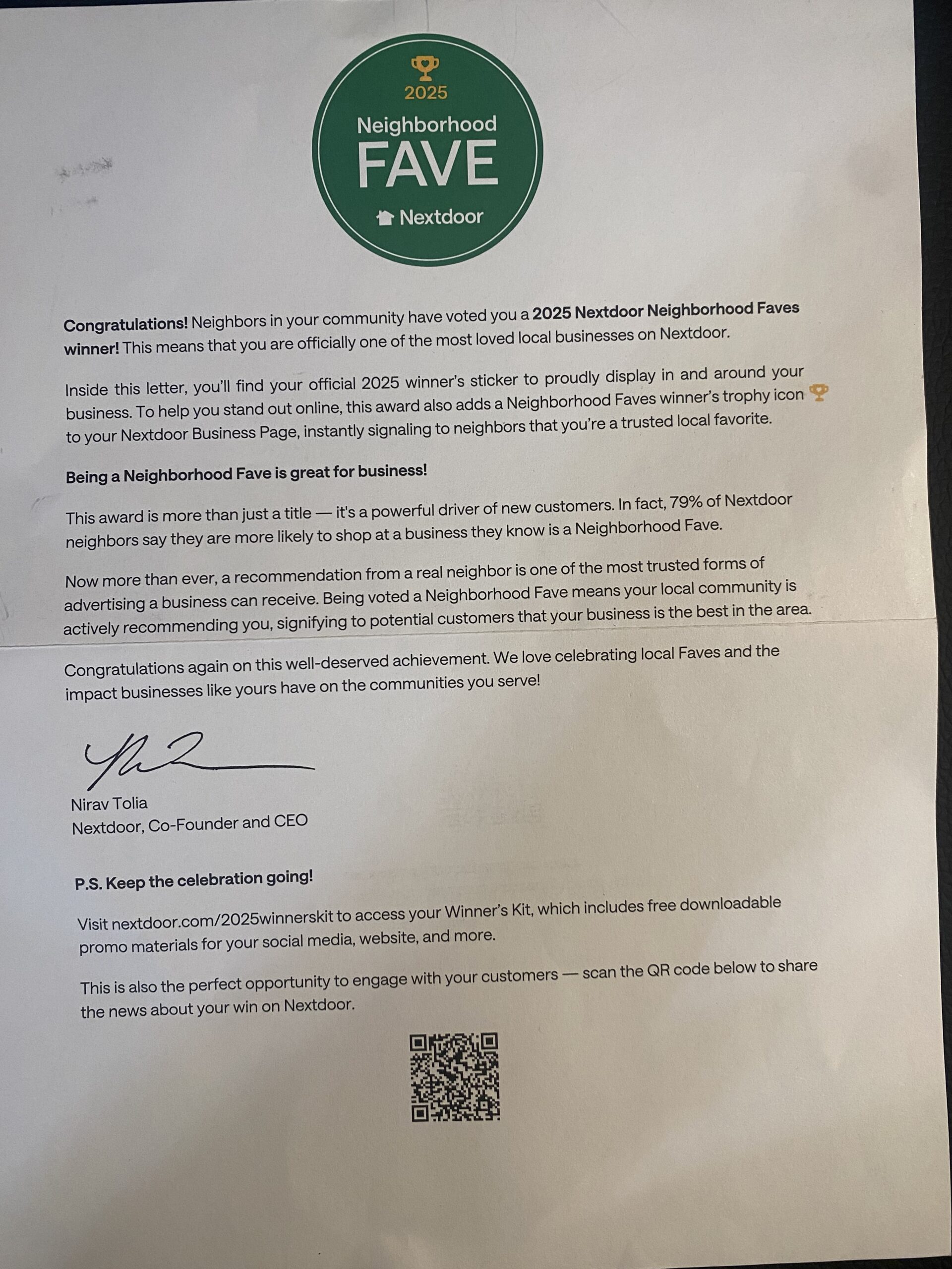 Nextdoor fave award certificate mac construction