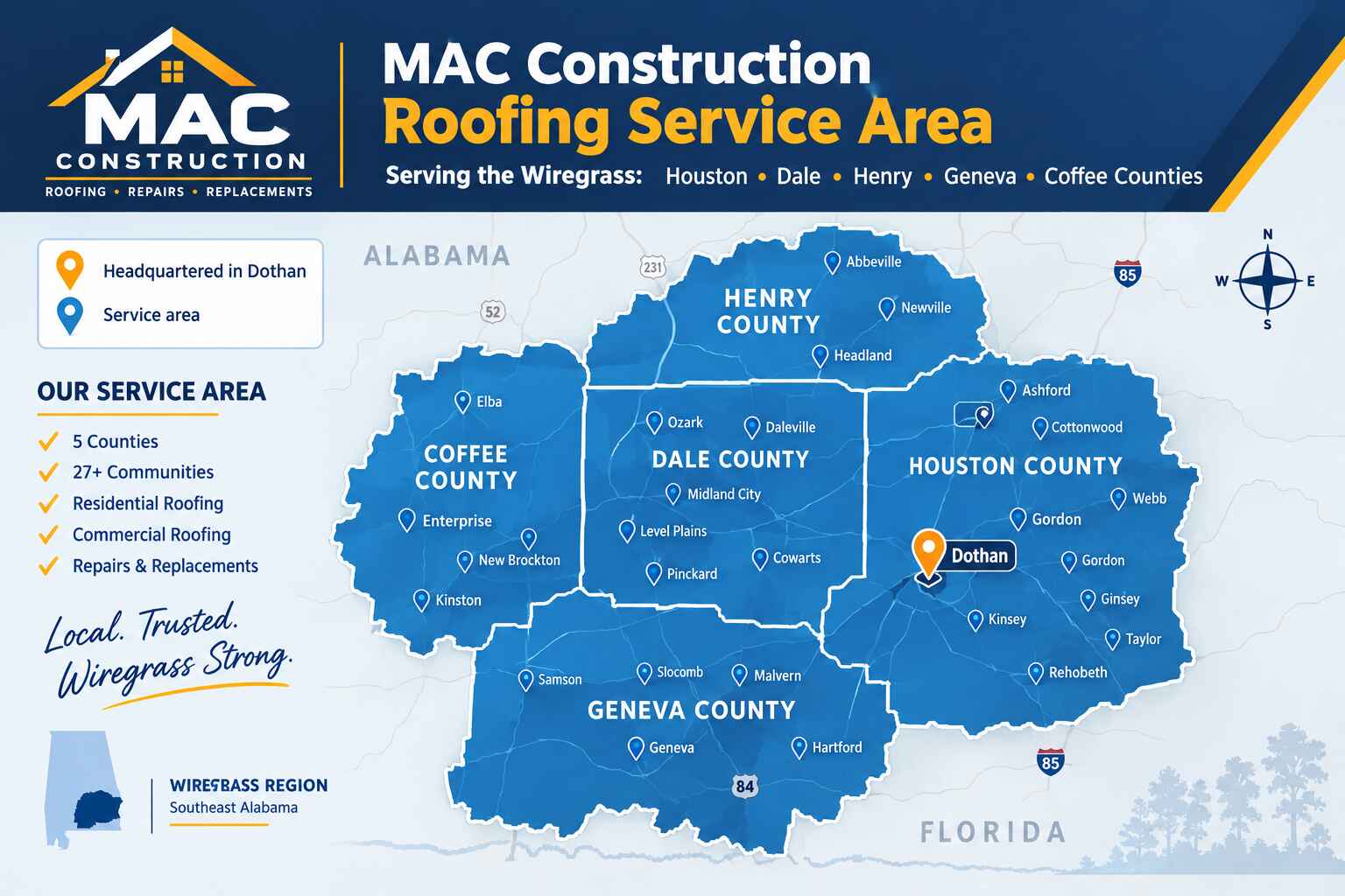 Map of MAC Construction's five-county Wiregrass service area around Dothan, Alabama